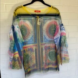 NWT Vibrant Rainbow Sheer Top with Roman Graphic Design Bell Sleeves Sz 1XL